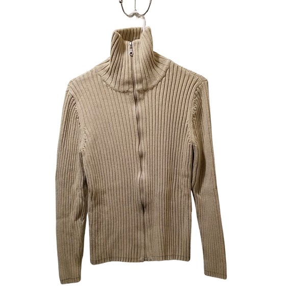 Jennifer Moore Beige Full Zip Stretch Ribbed Cotton Sweater Size L - Picture 1 of 3